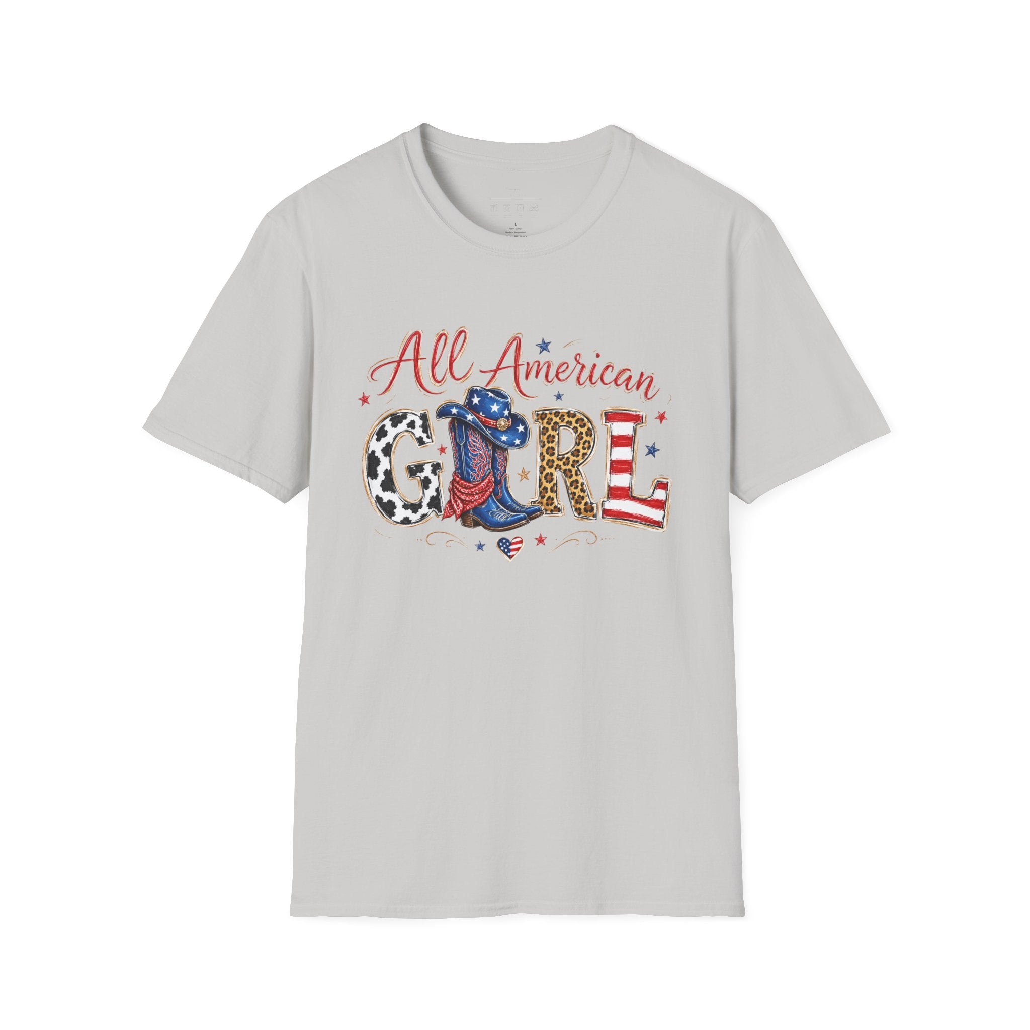 All American Girl T-Shirt — Patriotic USA Leopard & Flag Graphic Tee