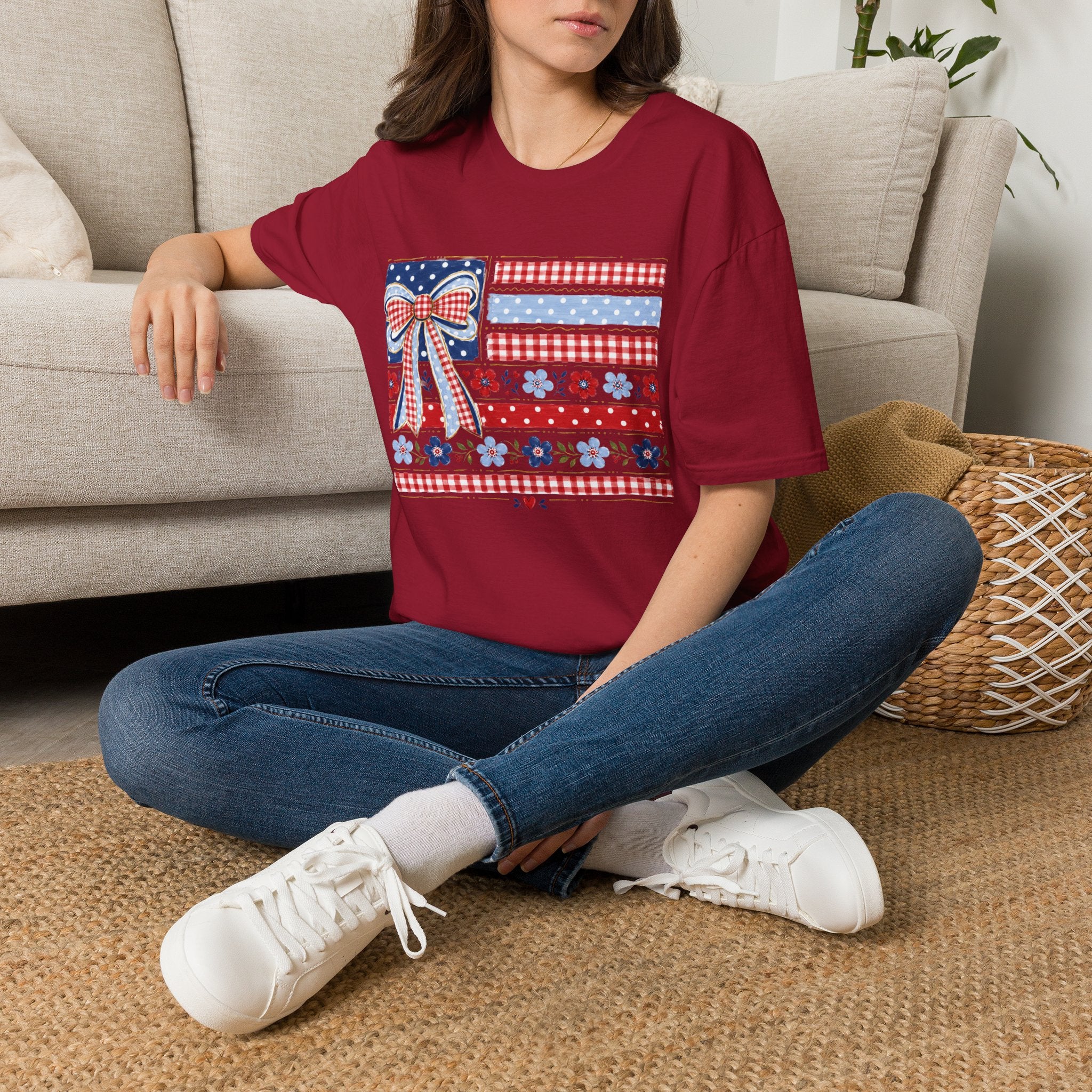Patriotic Bow Flag T-Shirt – Red White Blue American Floral Plaid Tee