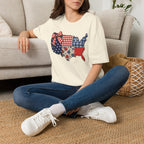 Patriotic Patchwork USA T-Shirt — Quilted Red White & Blue Map Tee