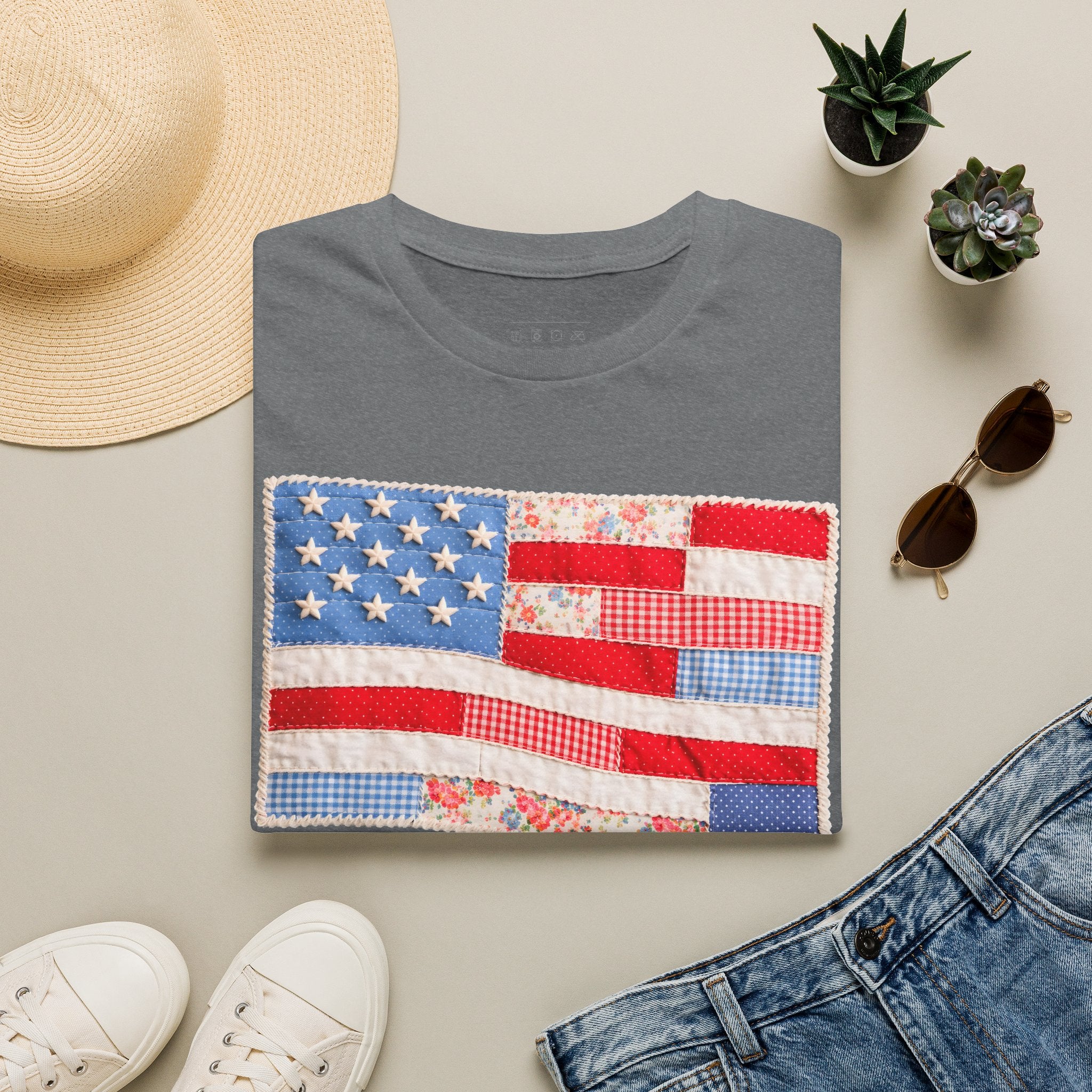 American Patchwork Flag T-Shirt — Vintage Floral Stars & Stripes Tee for 4th of July