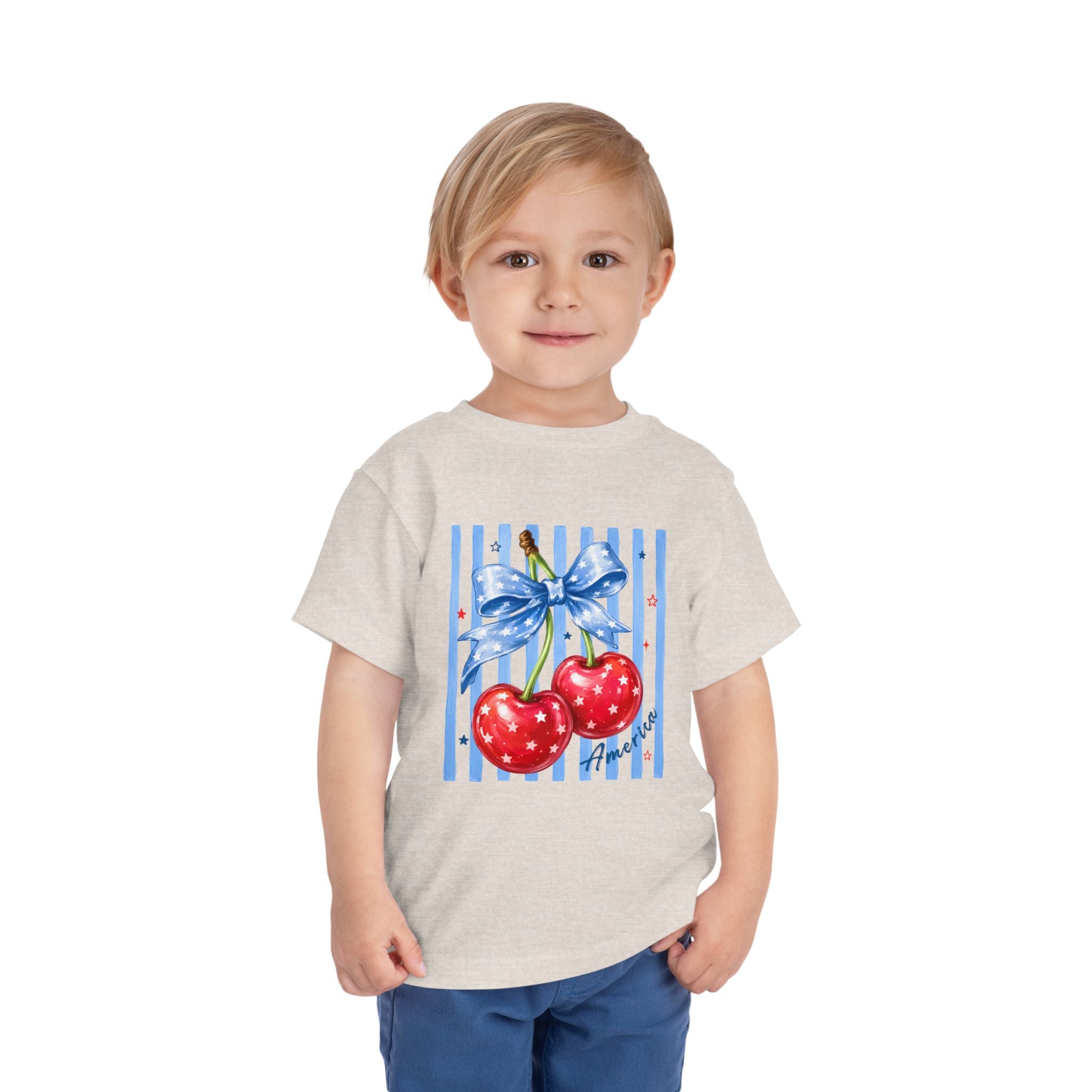 Toddler Tee Cherry Bow   — Cute Red Cherries with Blue Stripes