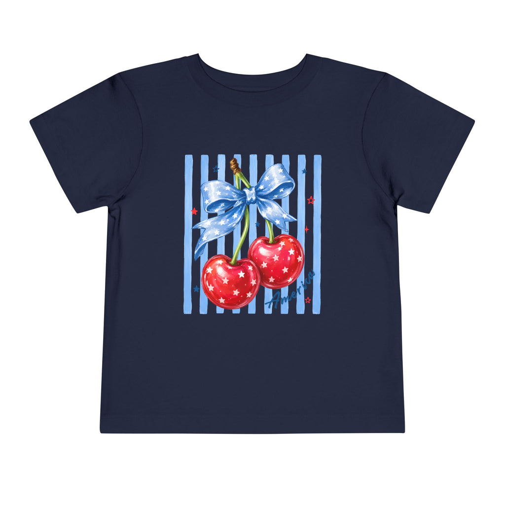 Toddler Tee Cherry Bow   — Cute Red Cherries with Blue Stripes