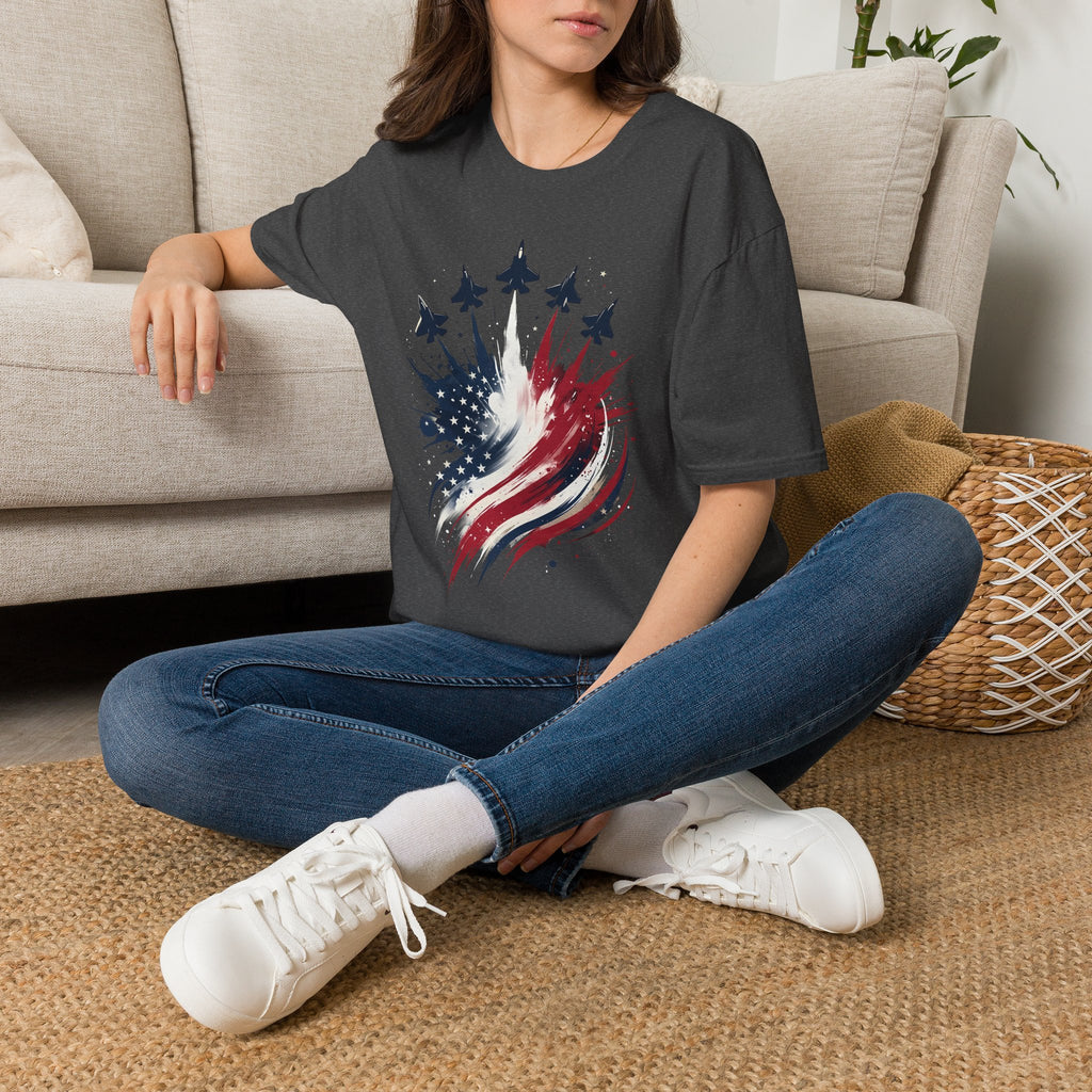 T-Shirt — Patriotic Jet Flyover with American Flag Splash