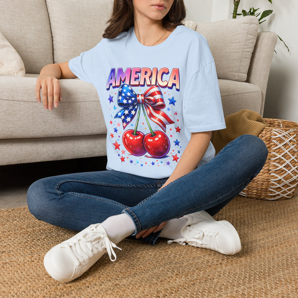 America Patriotic Cherry Graphic T-Shirt — USA Flag Bow 4th of July Tee