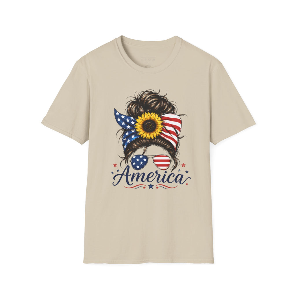 T-Shirt — Patriotic Sunflower Messy Bun (America)