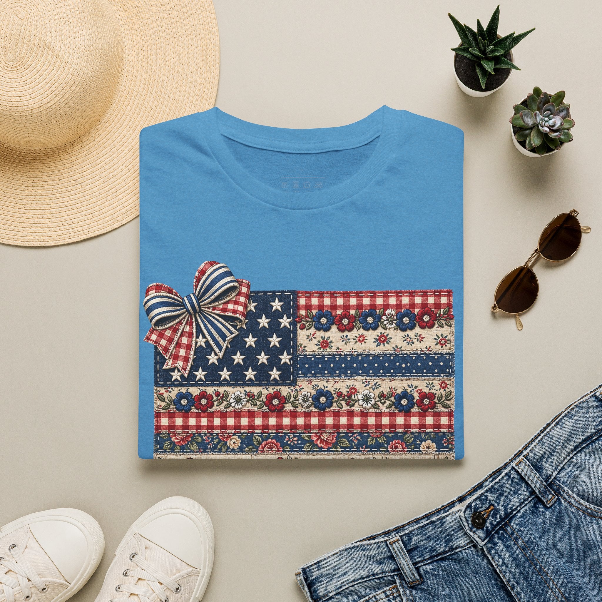 Patriotic Floral Flag T-Shirt — Americana Bow Stars & Stripes Top