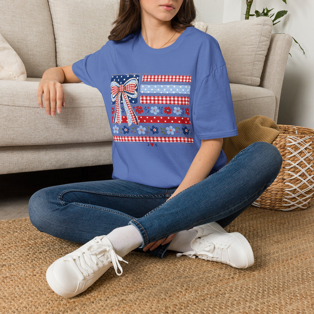 Patriotic Bow Flag T-Shirt – Red White Blue American Floral Plaid Tee