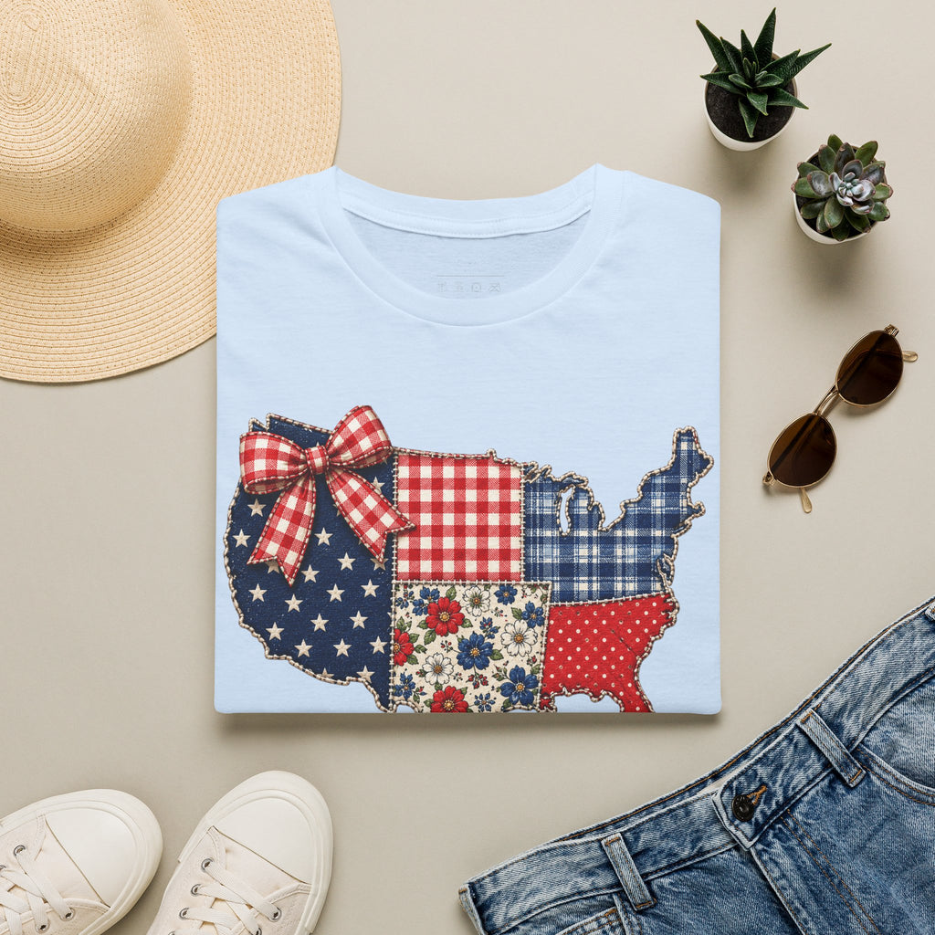 Patriotic Patchwork USA T-Shirt — Quilted Red White & Blue Map Tee