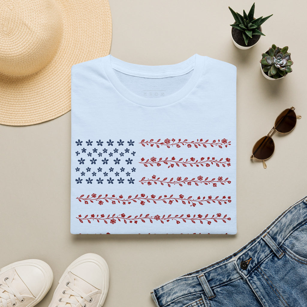 Floral American Flag T-Shirt — Patriotic Red & Blue Botanical Tee for 4th of July