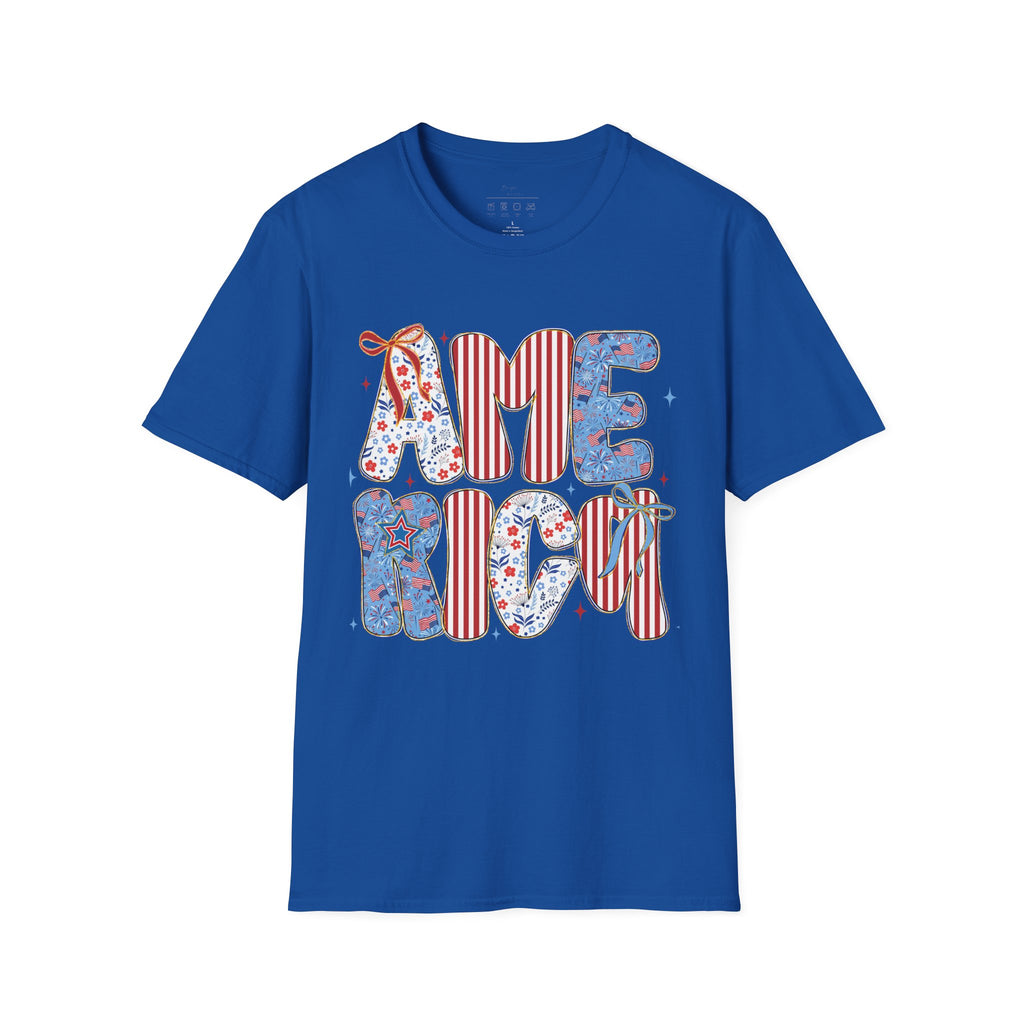 AME Retro Patriotic T-Shirt — Red White Blue Floral & Stripes Graphic Tee