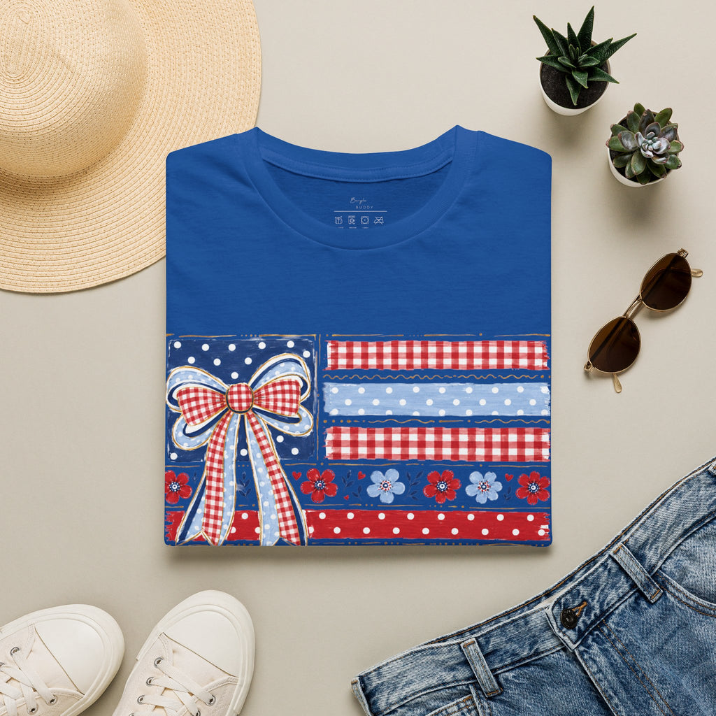 Patriotic Bow Flag T-Shirt – Red White Blue American Floral Plaid Tee