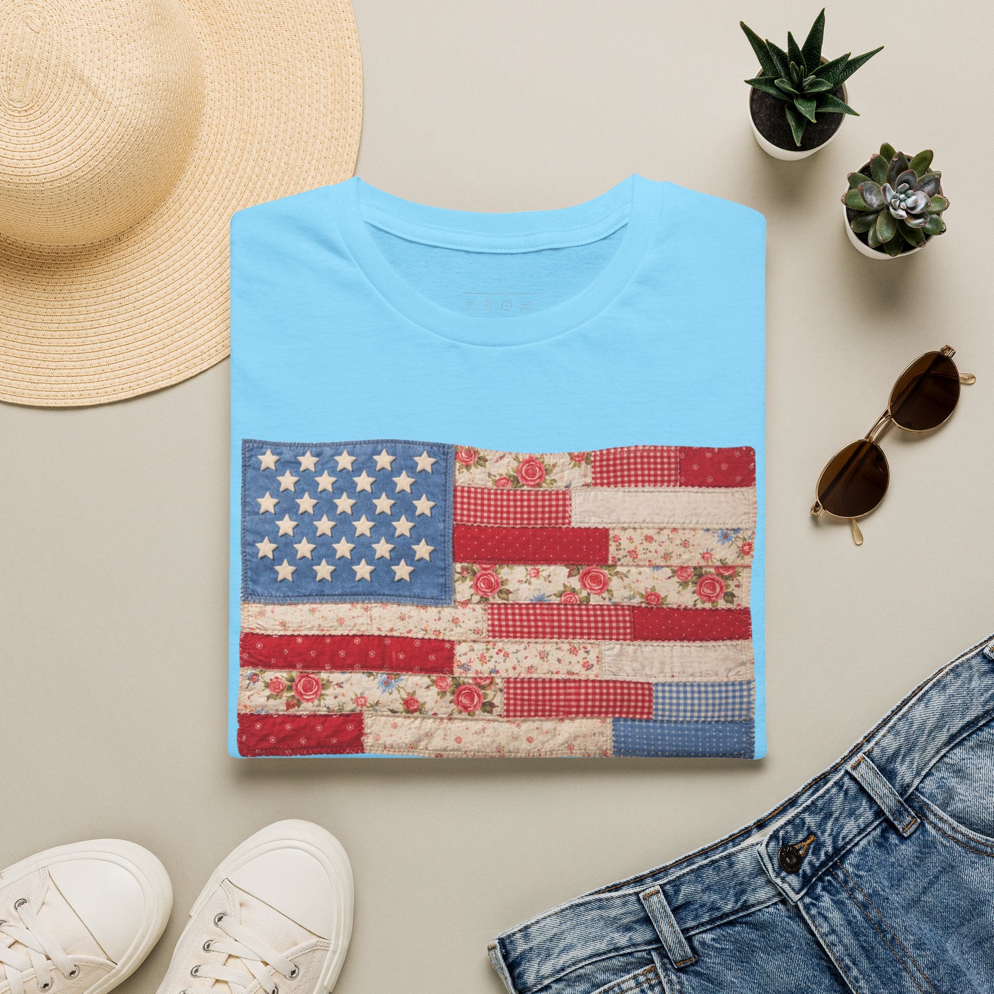 Patchwork American Flag T-Shirt — Vintage Floral Patriotic Tee