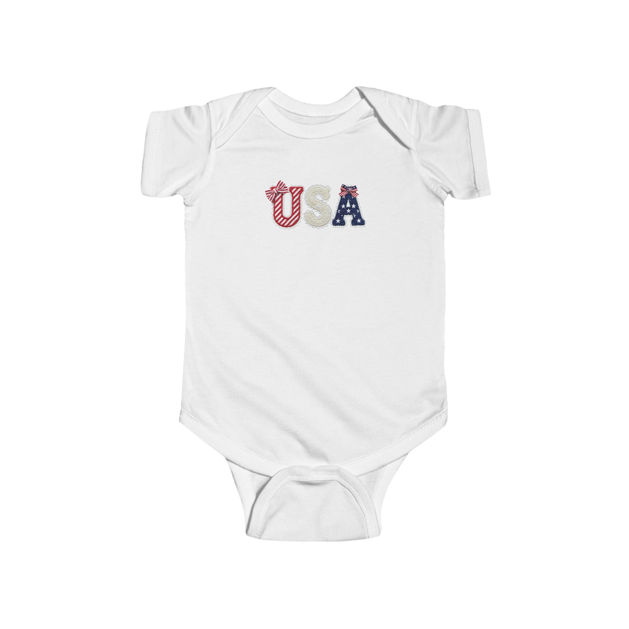 USA Baby Bodysuit — Patriotic Infant Onesie with Red, White & Blue Letters