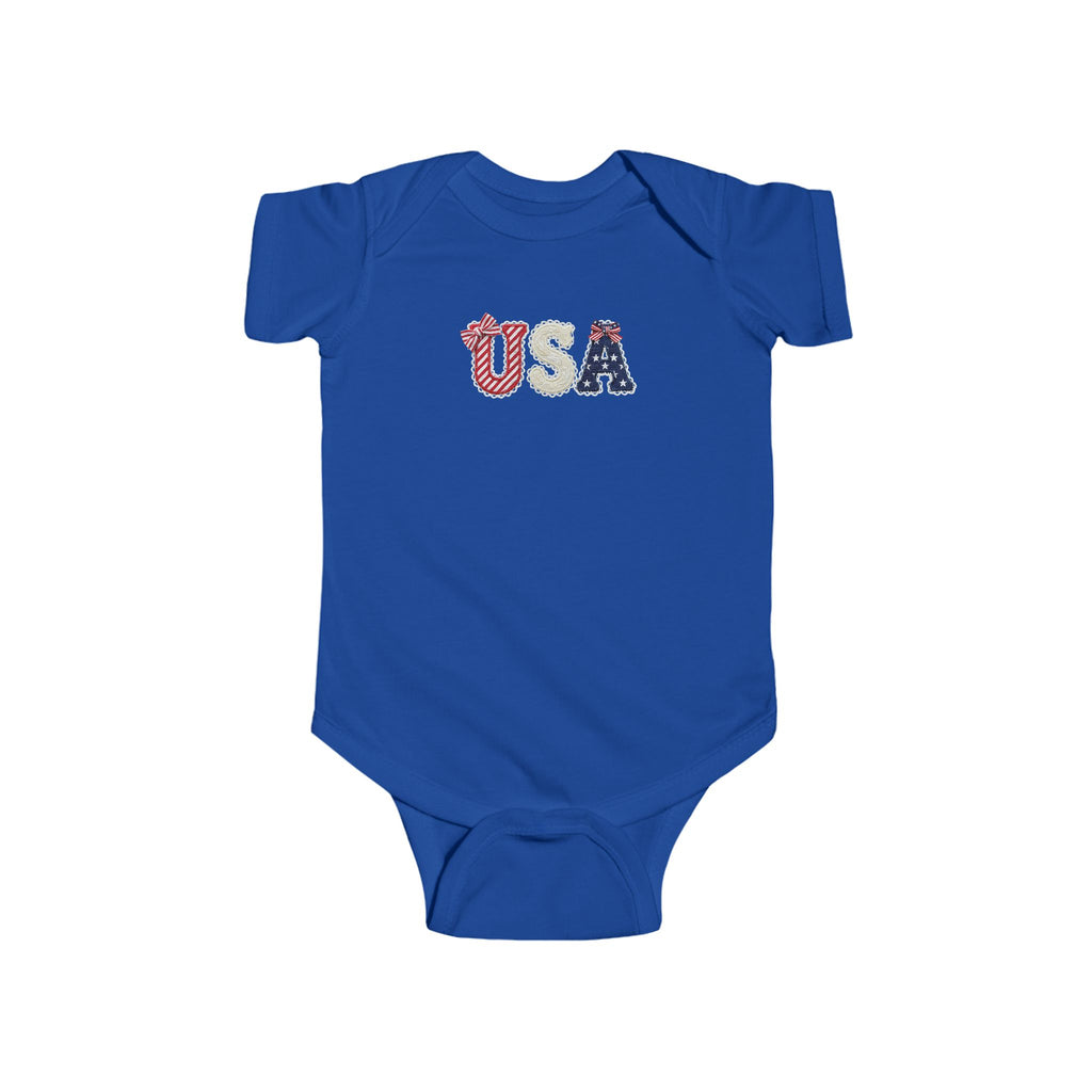 USA Baby Bodysuit — Patriotic Infant Onesie with Red, White & Blue Letters