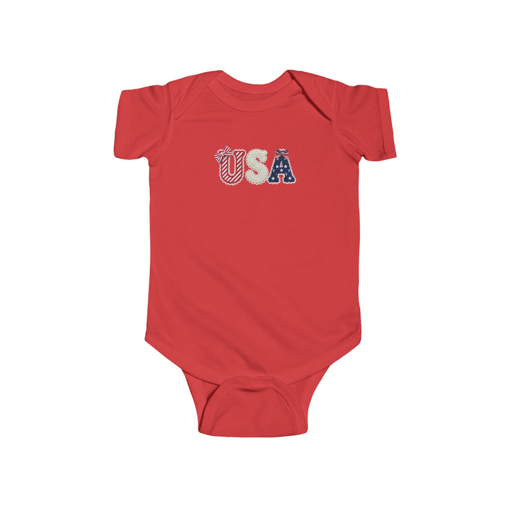 USA Baby Bodysuit — Patriotic Infant Onesie with Red, White & Blue Letters