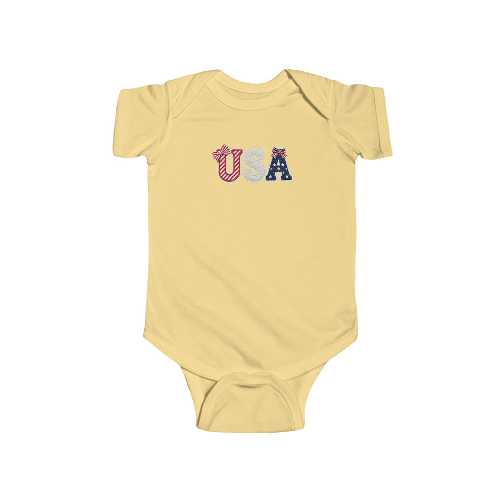 USA Baby Bodysuit — Patriotic Infant Onesie with Red, White & Blue Letters