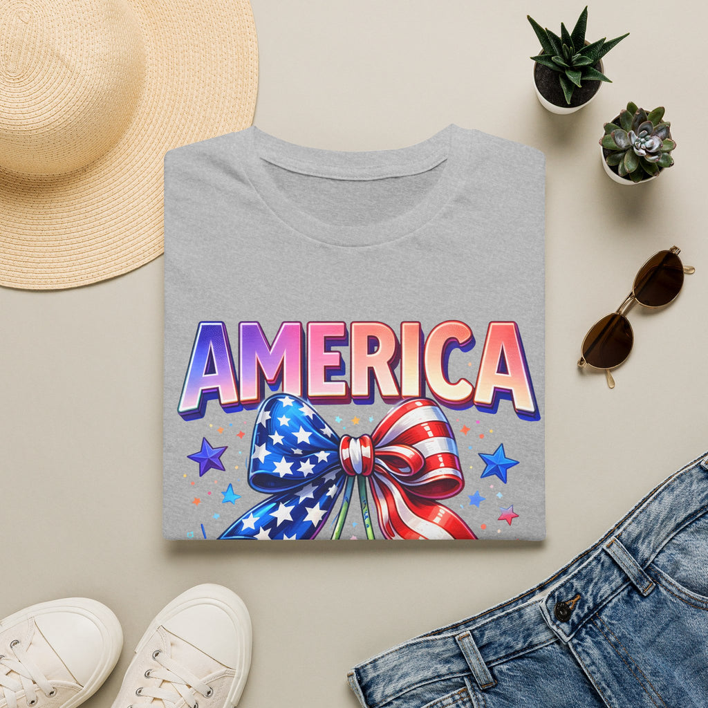 America Patriotic Cherry Graphic T-Shirt — USA Flag Bow 4th of July Tee