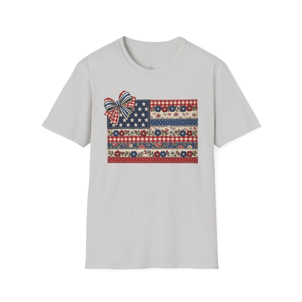 Patriotic Floral Flag T-Shirt — Americana Bow Stars & Stripes Top