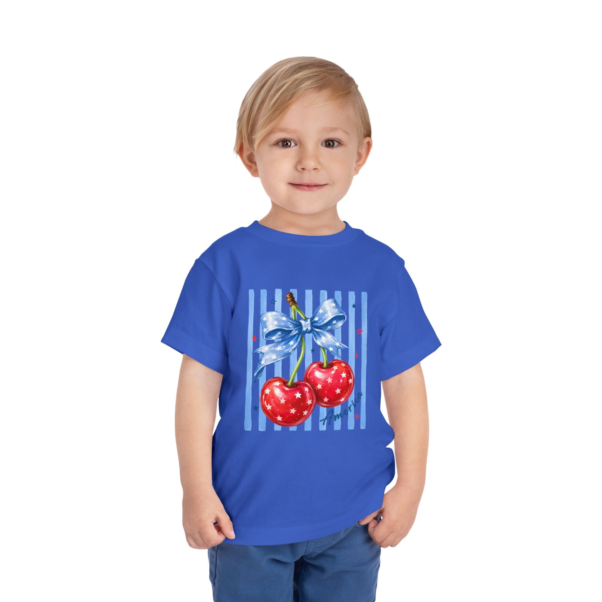 Toddler Tee Cherry Bow   — Cute Red Cherries with Blue Stripes