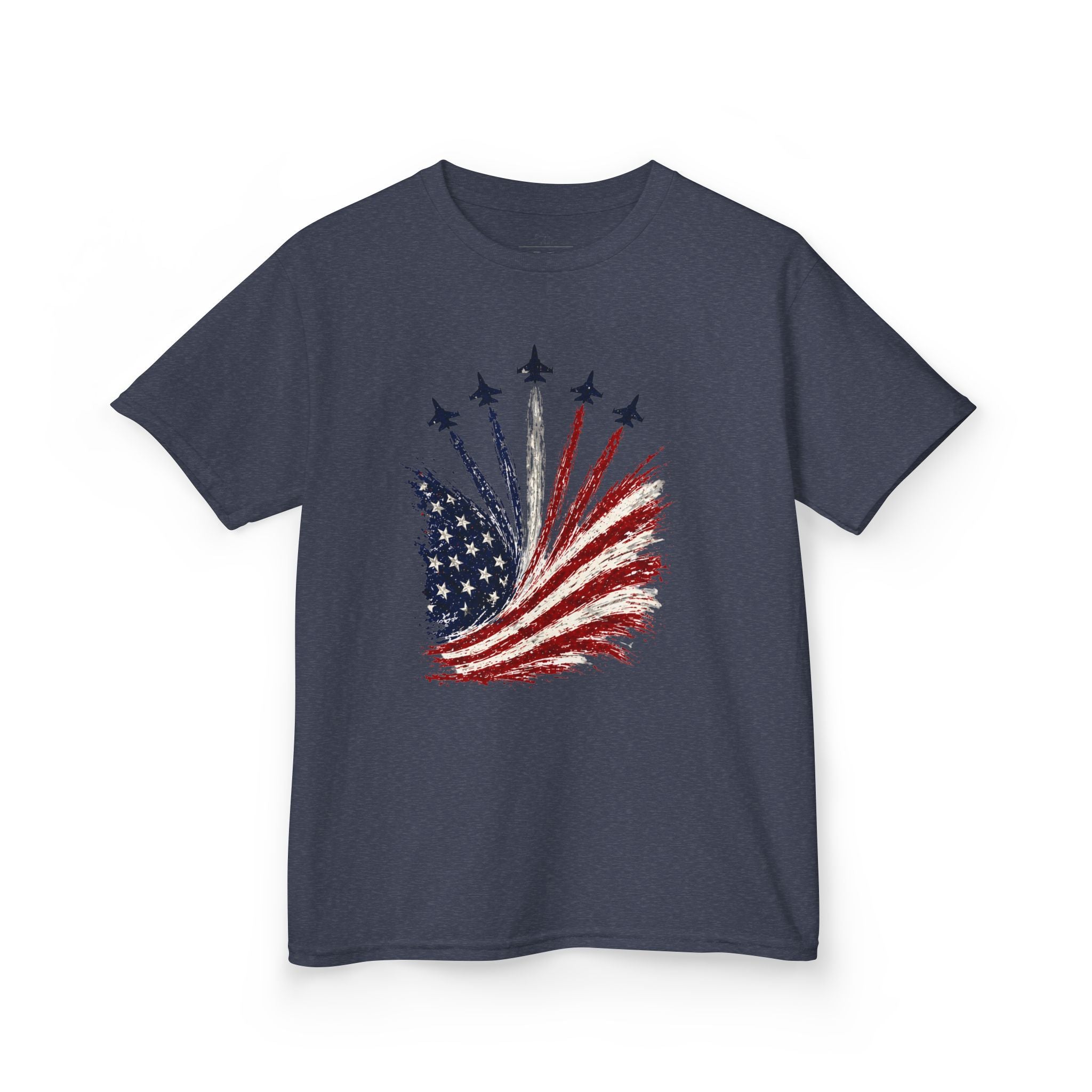 Youth,Kids T-Shirt — American Flag Jet Flyover Graphic (Patriotic 4th of July)