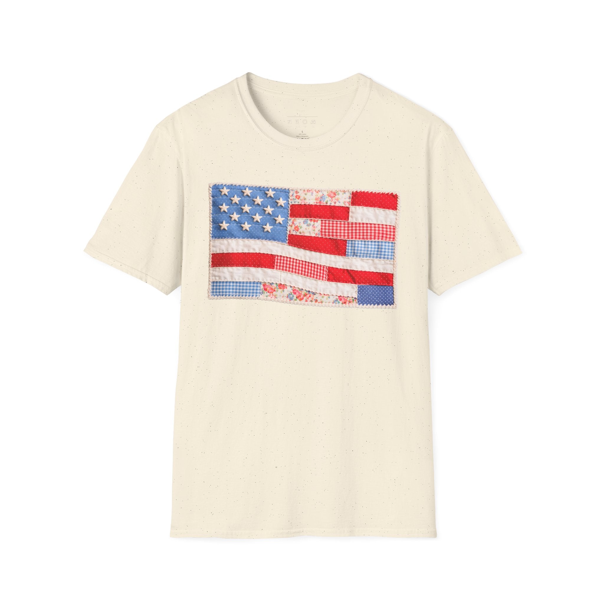 American Patchwork Flag T-Shirt — Vintage Floral Stars & Stripes Tee for 4th of July