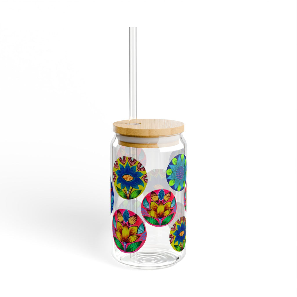 16oz Floral Mandala Sipper Glass with Bamboo Lid & Straw