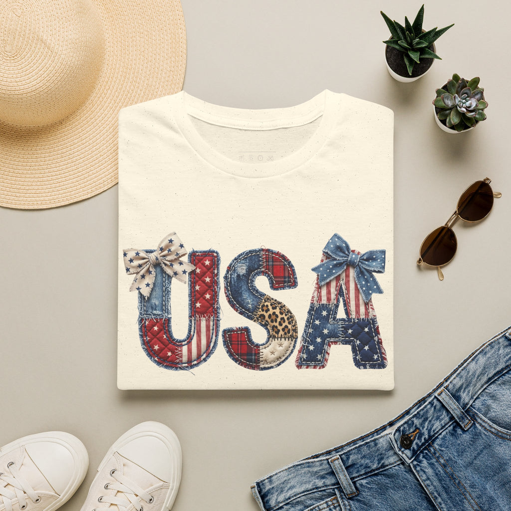 USA Patriotic T-Shirt — Distressed Flag Letters with Bows (4th of July)