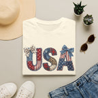 USA Patriotic T-Shirt — Distressed Flag Letters with Bows (4th of July)