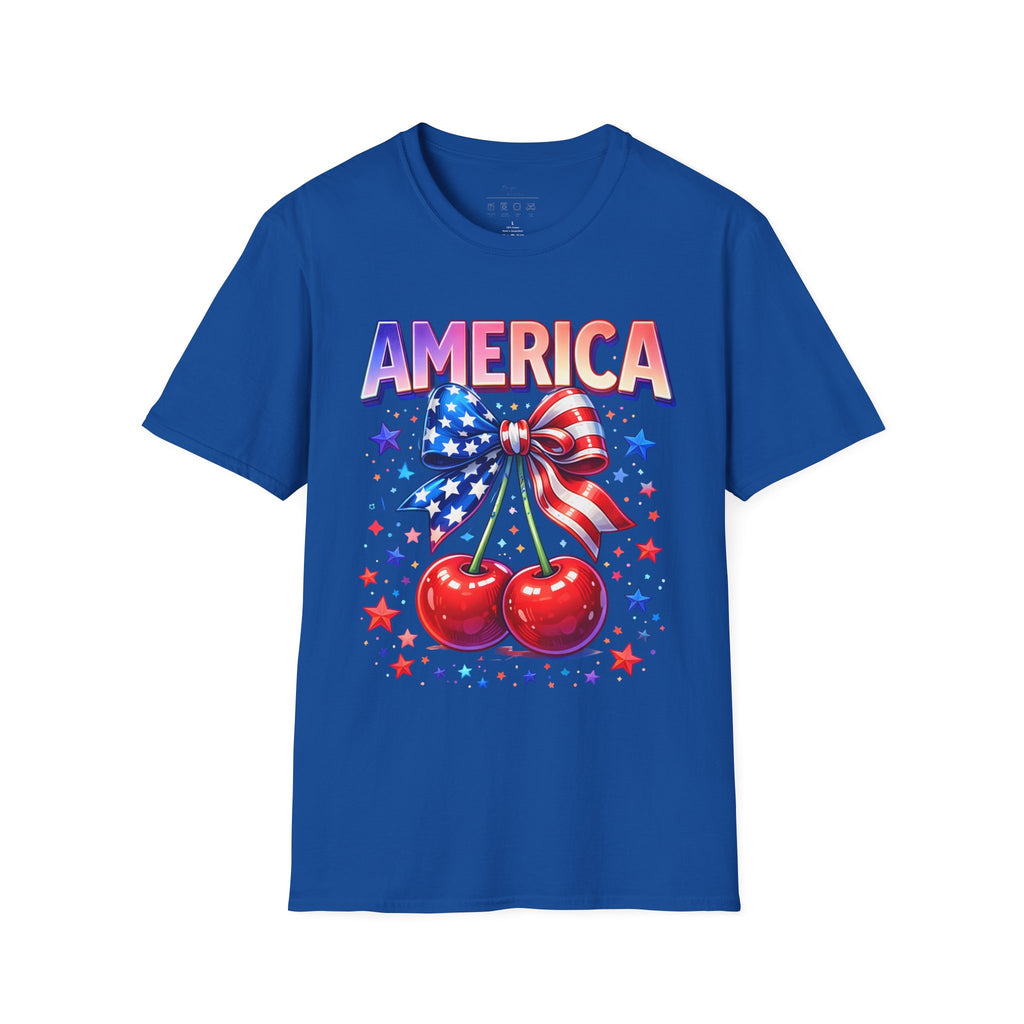 America Patriotic Cherry Graphic T-Shirt — USA Flag Bow 4th of July Tee