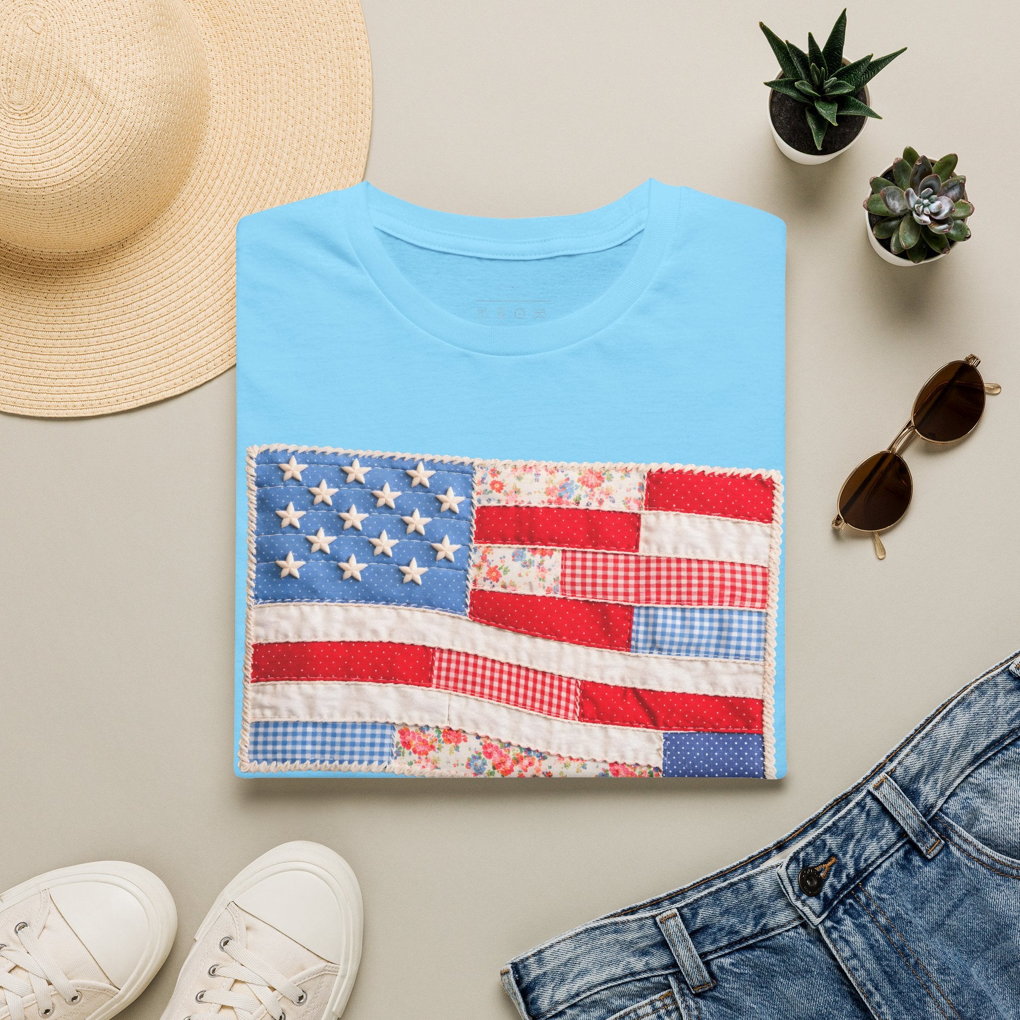 American Patchwork Flag T-Shirt — Vintage Floral Stars & Stripes Tee for 4th of July