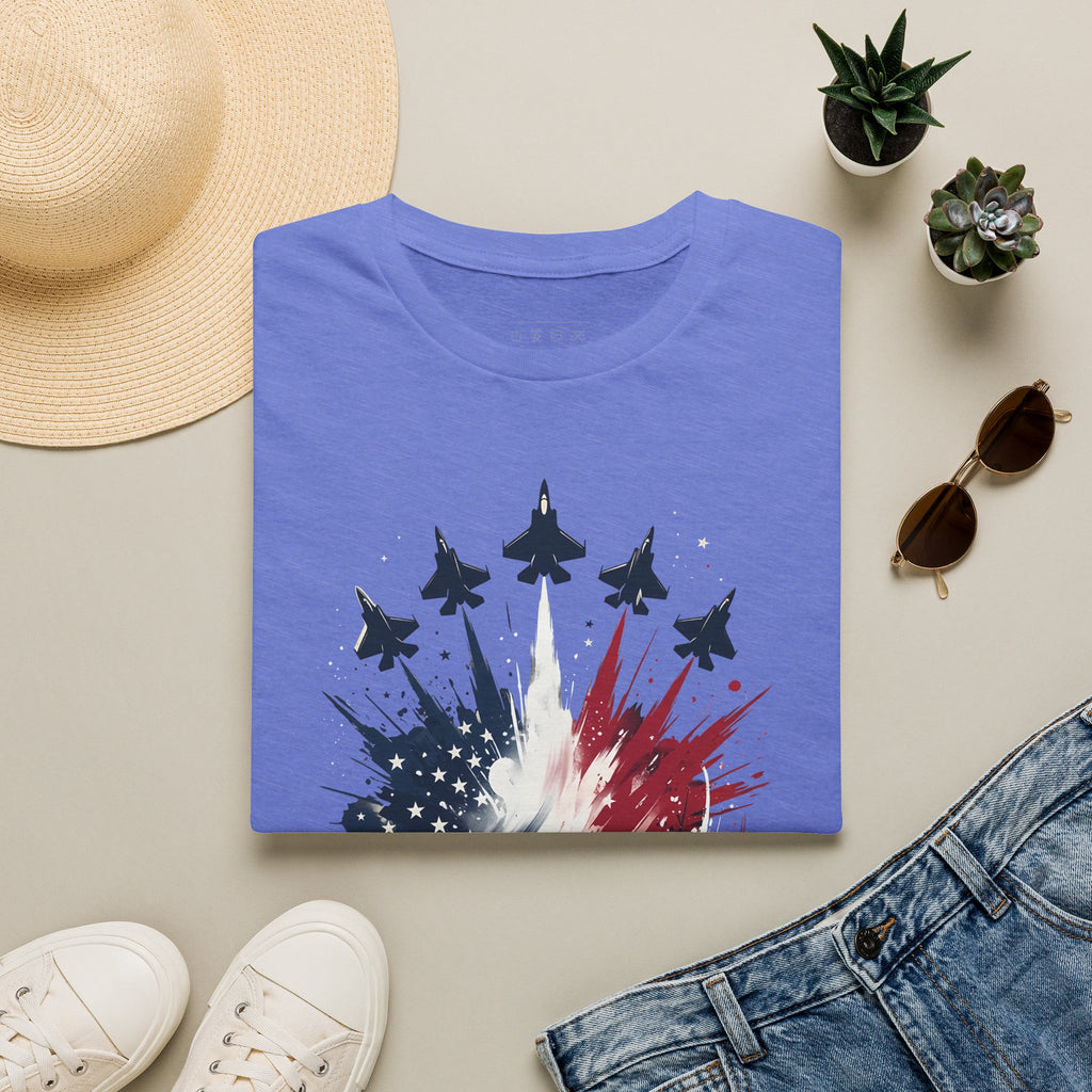T-Shirt — Patriotic Jet Flyover with American Flag Splash