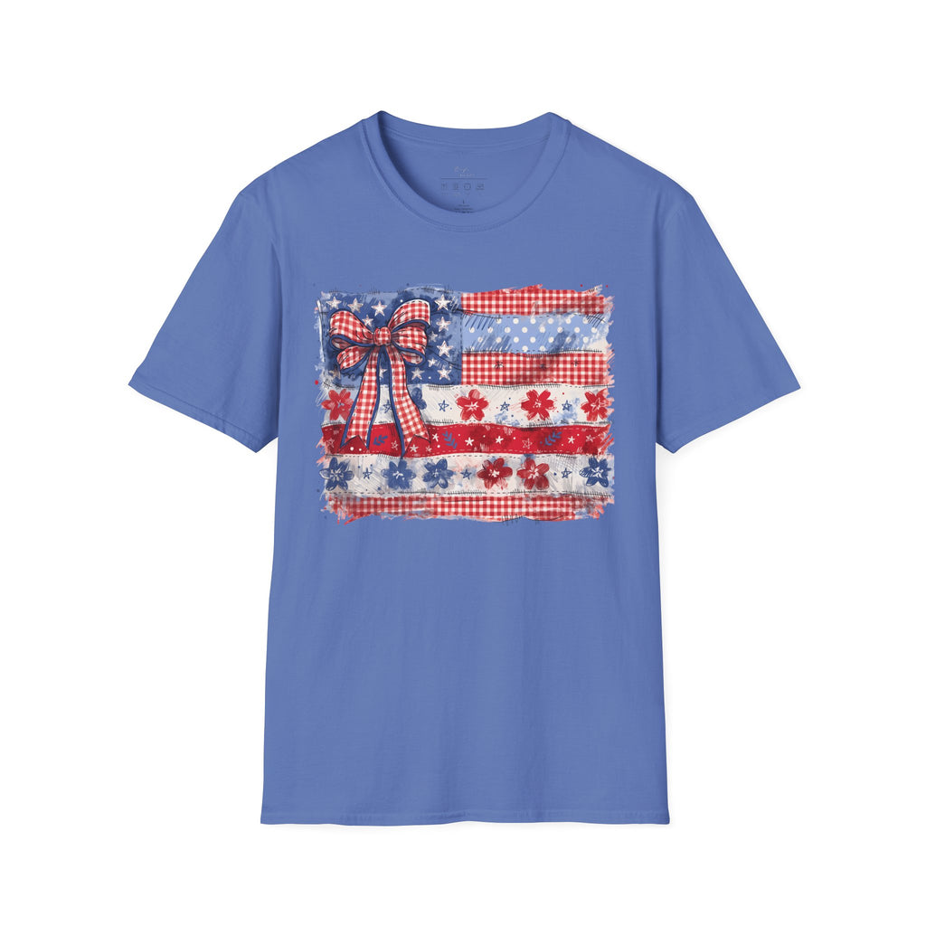 Patriotic Flag Bow T-Shirt — American Red White Blue Fourth of July Tee