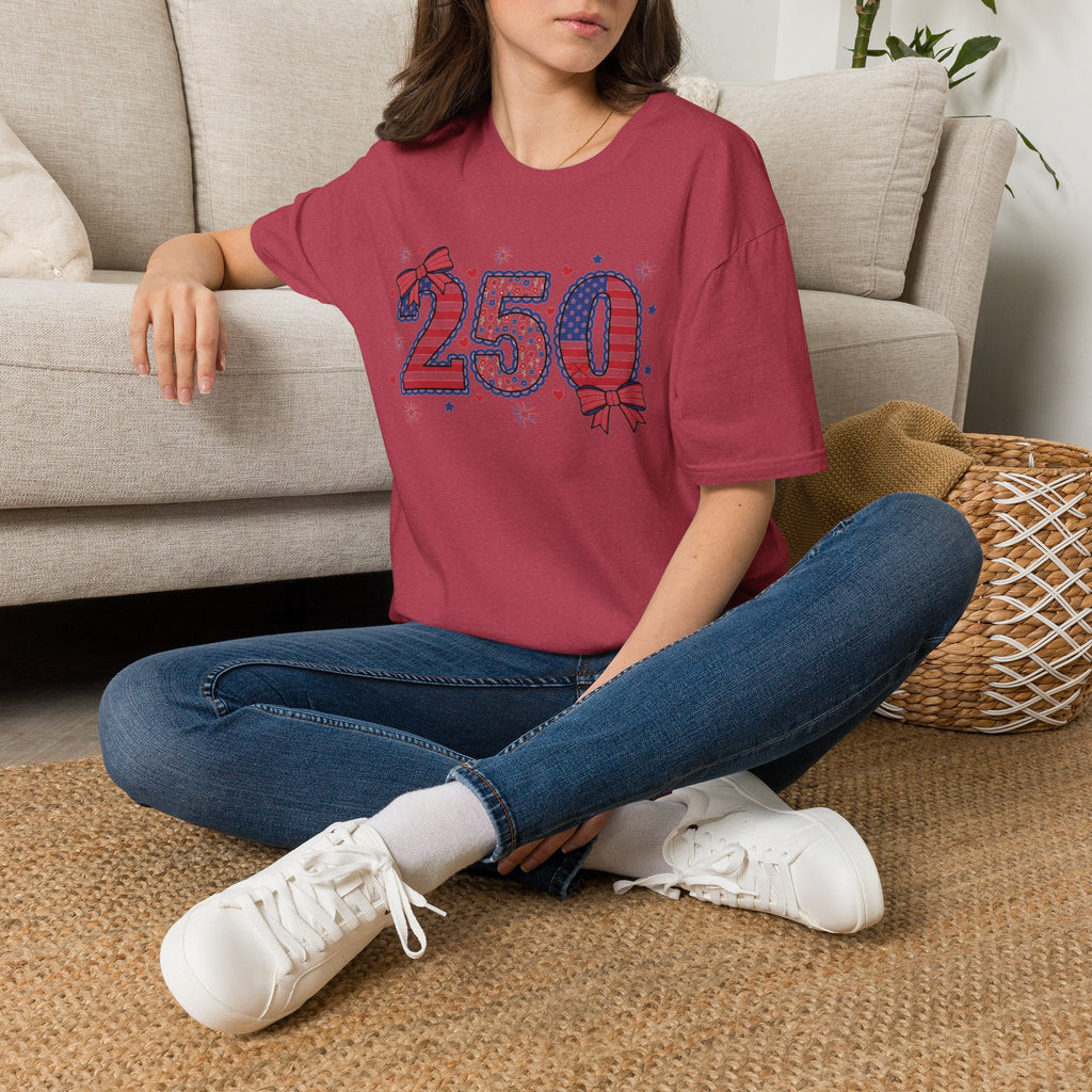 250 Patriotic T-Shirt — USA Flag Number Tee with Stars & Bows (Fourth of July)