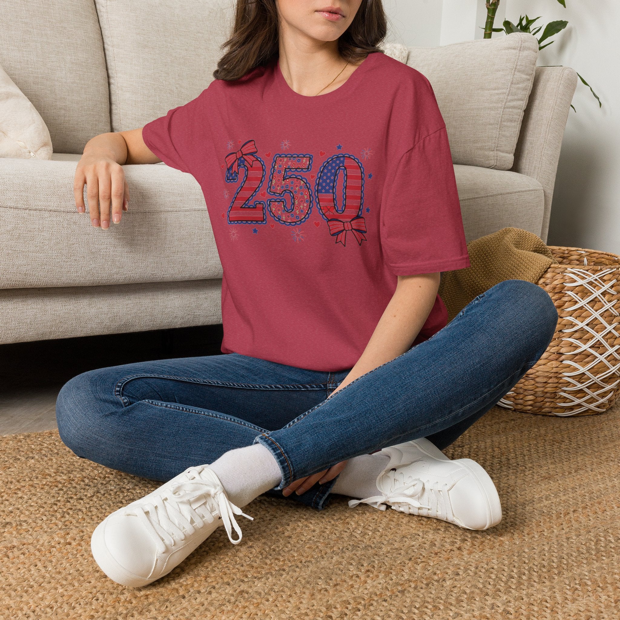 250 Patriotic T-Shirt — USA Flag Number Tee with Stars & Bows (Fourth of July)