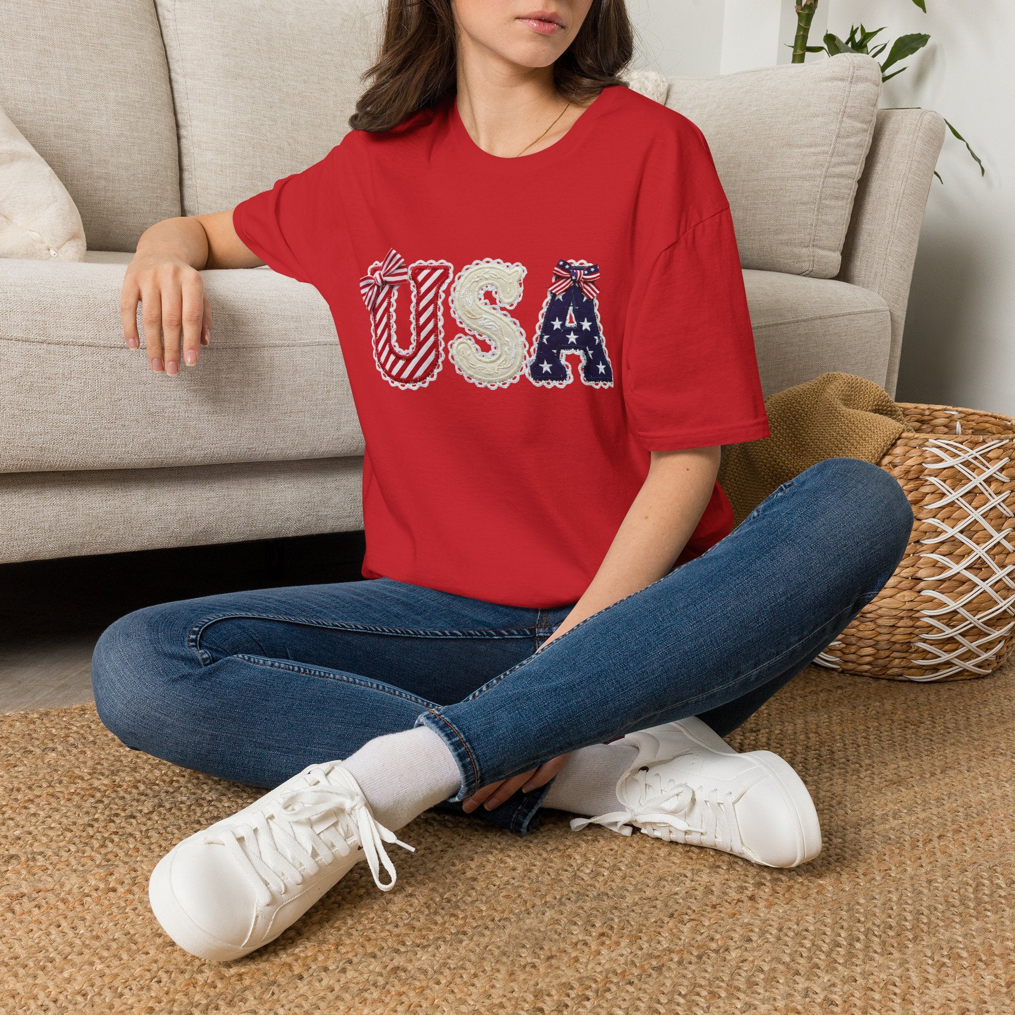 USA Applique T-Shirt — Patriotic 4th of July Flag Letter Tee
