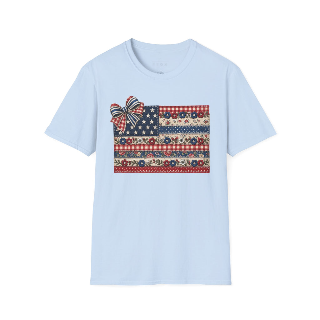 Patriotic Floral Flag T-Shirt — Americana Bow Stars & Stripes Top