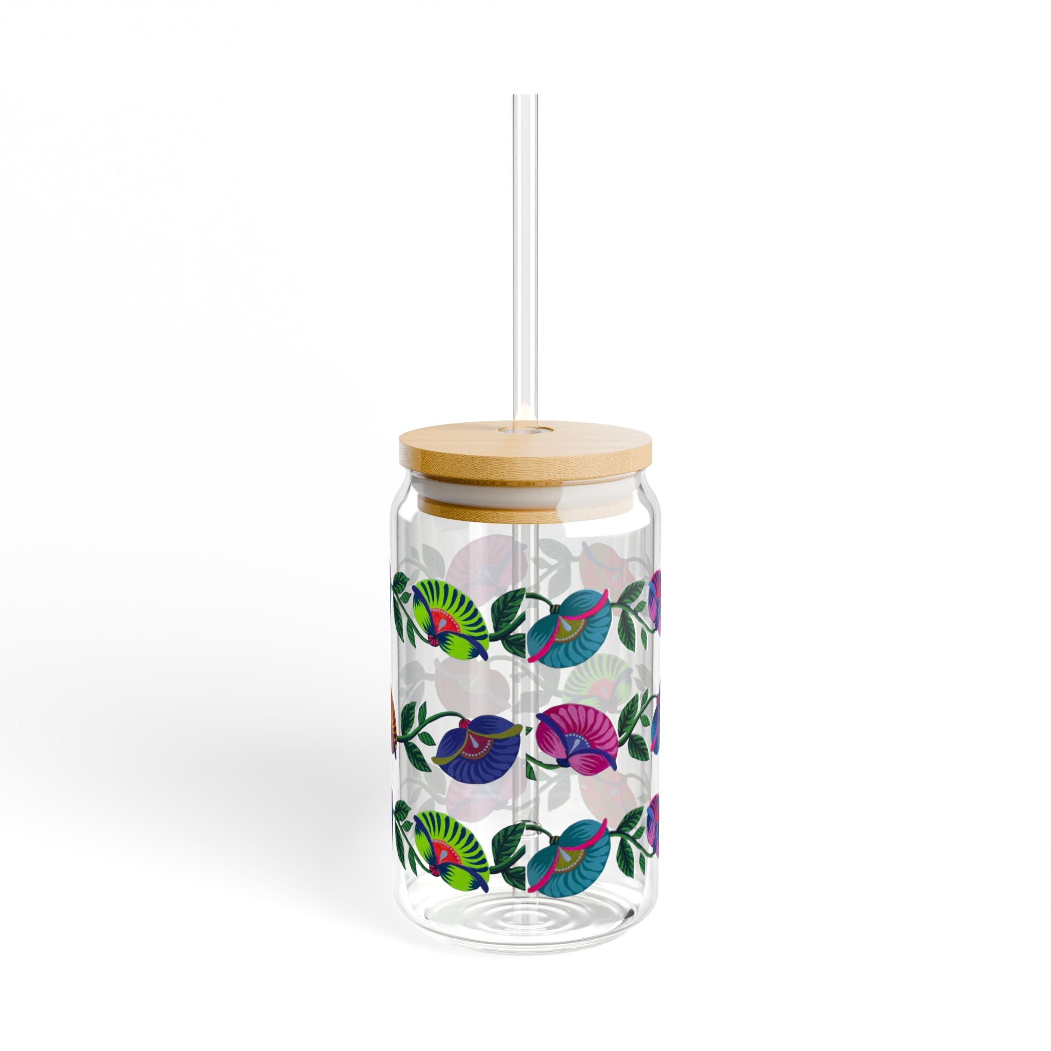 16oz Floral Bird Sipper Glass with Bamboo Lid — Reusable Straw Tumbler