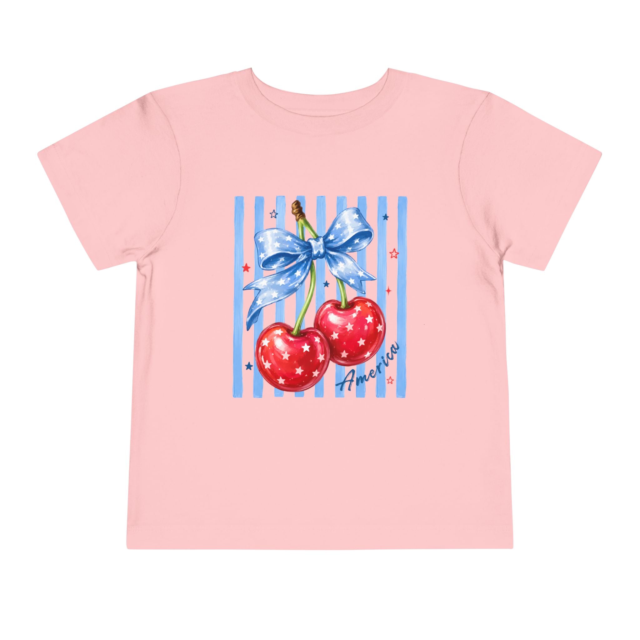 Toddler Tee Cherry Bow   — Cute Red Cherries with Blue Stripes