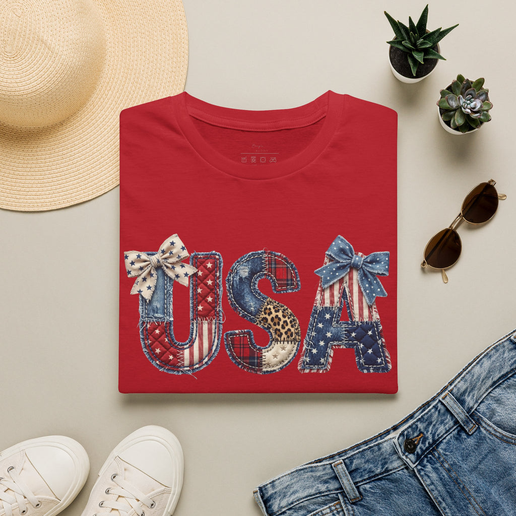 USA Patriotic T-Shirt — Distressed Flag Letters with Bows (4th of July)