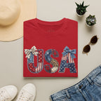 USA Patriotic T-Shirt — Distressed Flag Letters with Bows (4th of July)