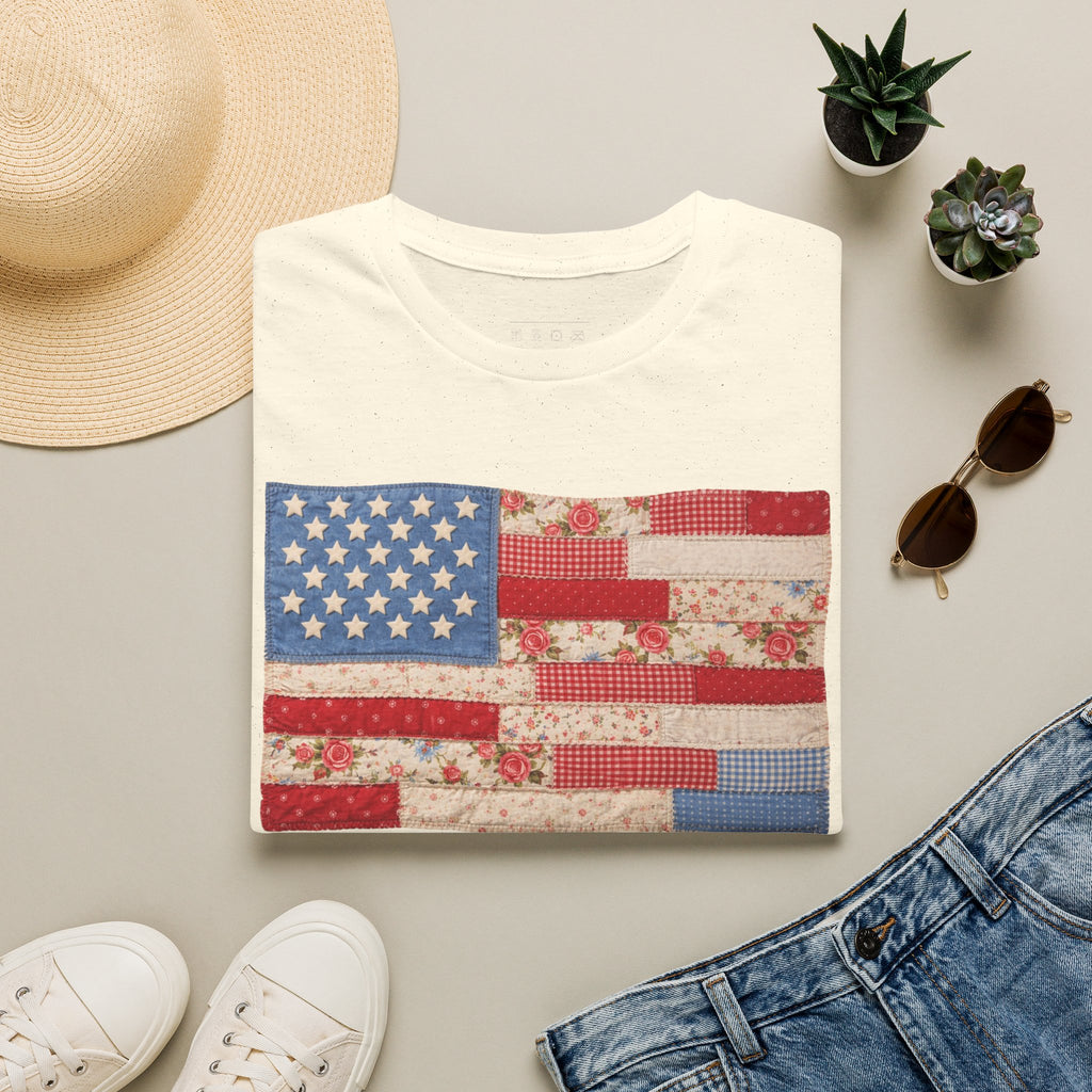 Patchwork American Flag T-Shirt — Vintage Floral Patriotic Tee