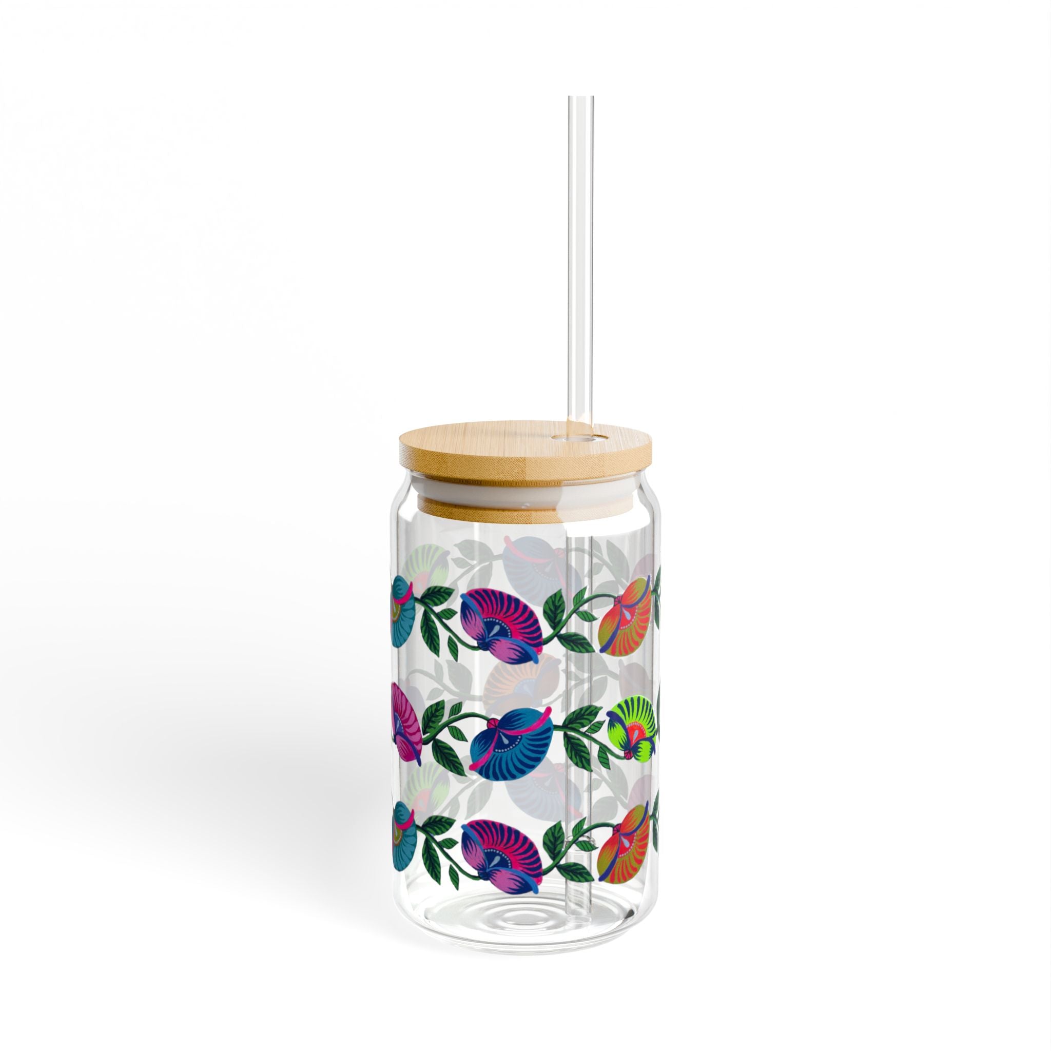 16oz Floral Bird Sipper Glass with Bamboo Lid — Reusable Straw Tumbler