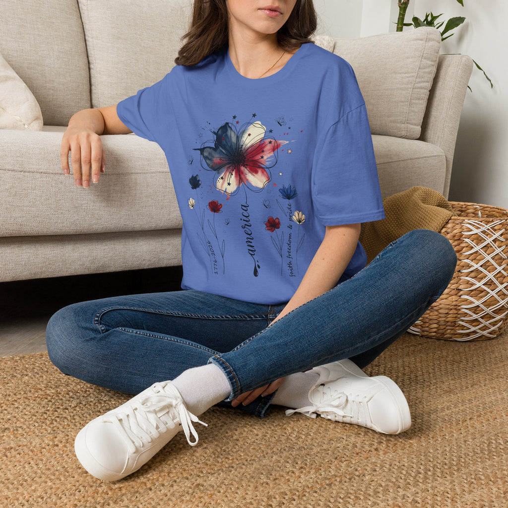 Butterfly Watercolor T-Shirt — Patriotic Red White Blue Floral Graphic