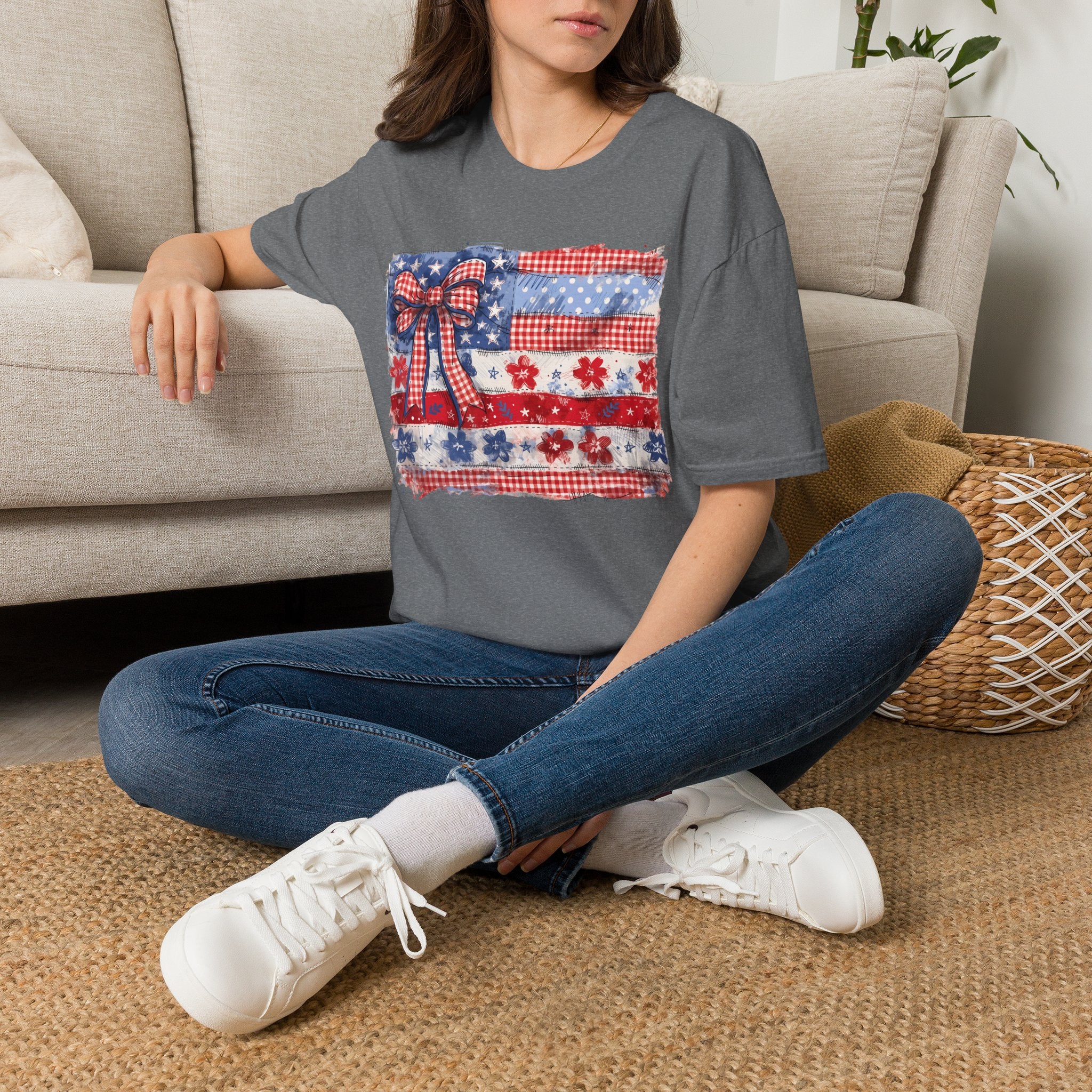 Patriotic Flag Bow T-Shirt — American Red White Blue Fourth of July Tee
