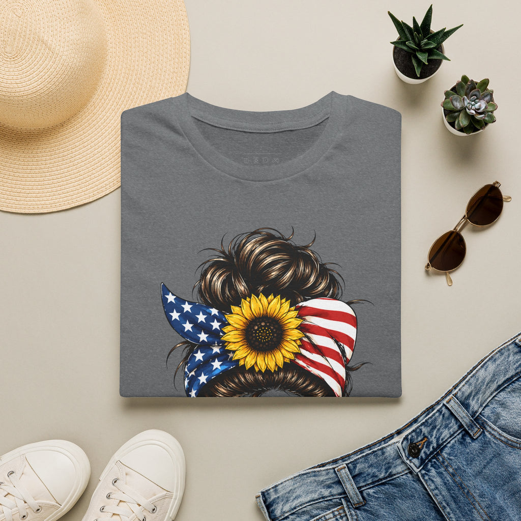 T-Shirt — Patriotic Sunflower Messy Bun (America)