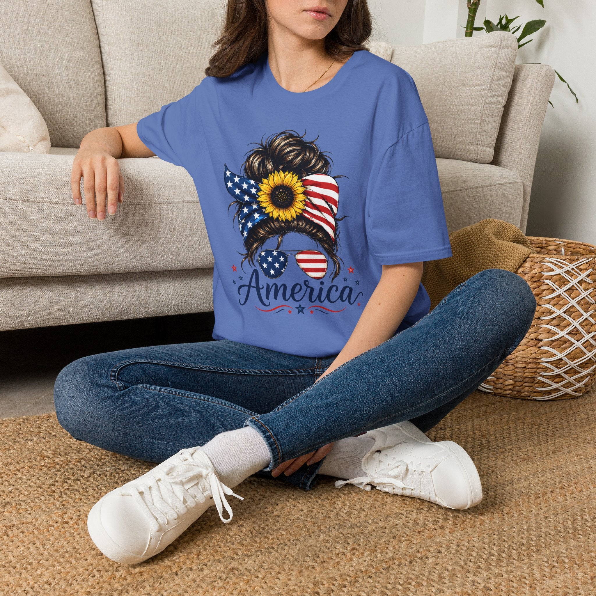 T-Shirt — Patriotic Sunflower Messy Bun (America)