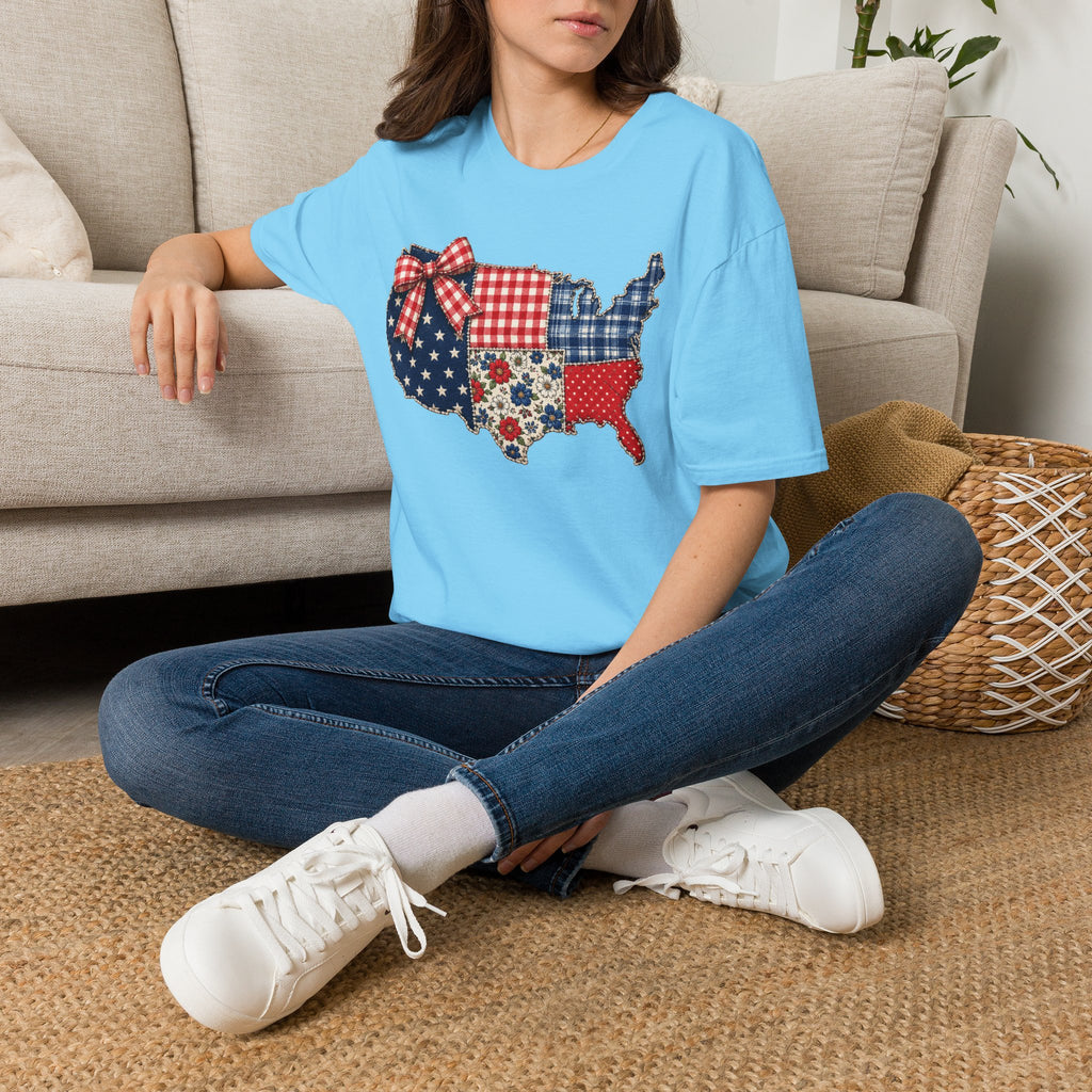 Patriotic Patchwork USA T-Shirt — Quilted Red White & Blue Map Tee