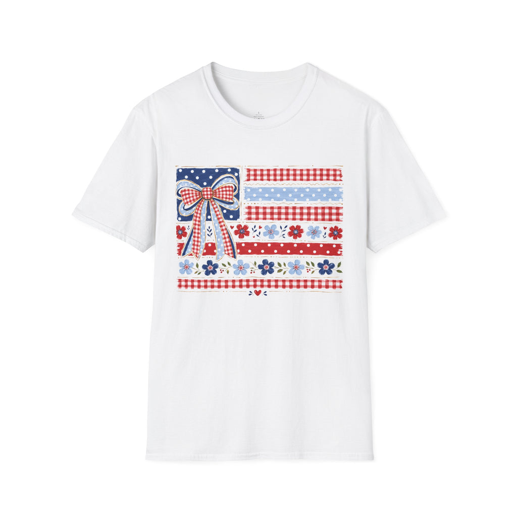 Patriotic Bow Flag T-Shirt – Red White Blue American Floral Plaid Tee