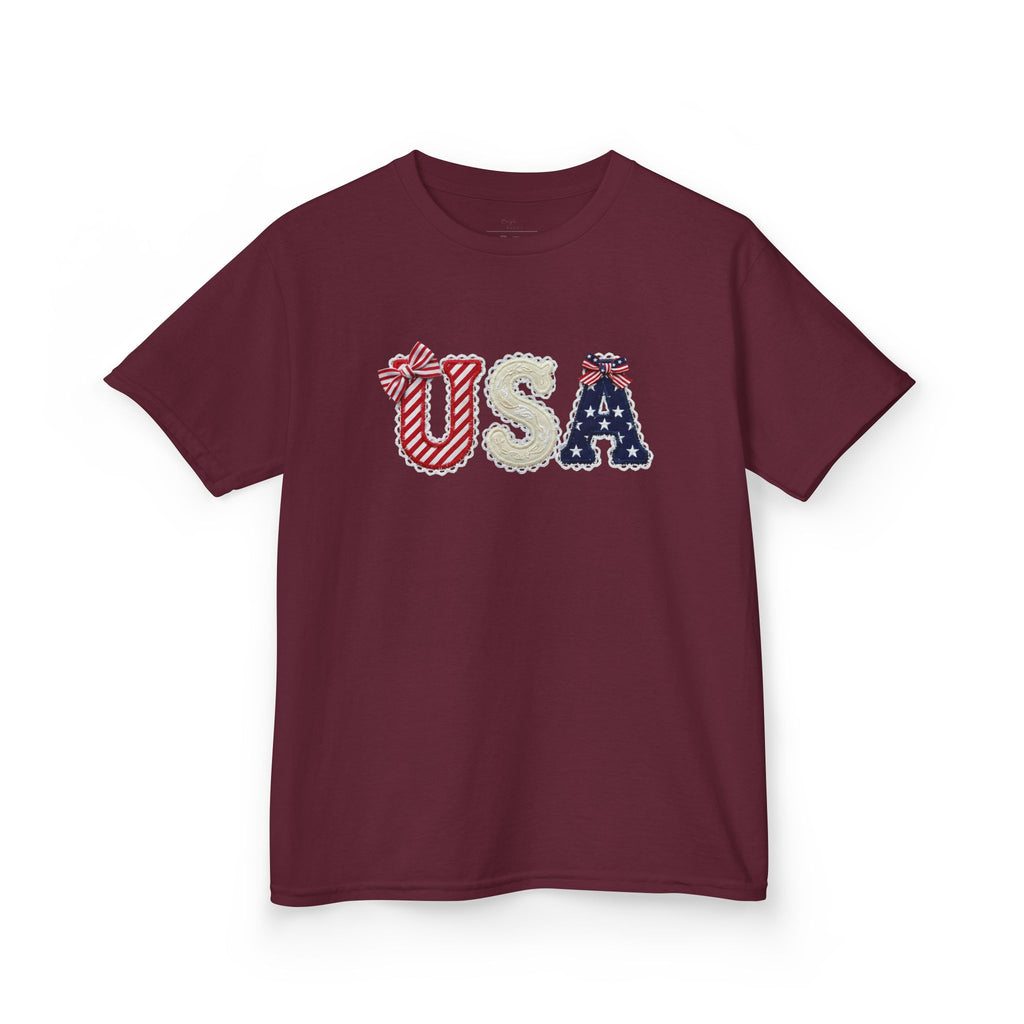 Youth, Kids USA Patriotic Tee — Red White & Blue Flag Letters