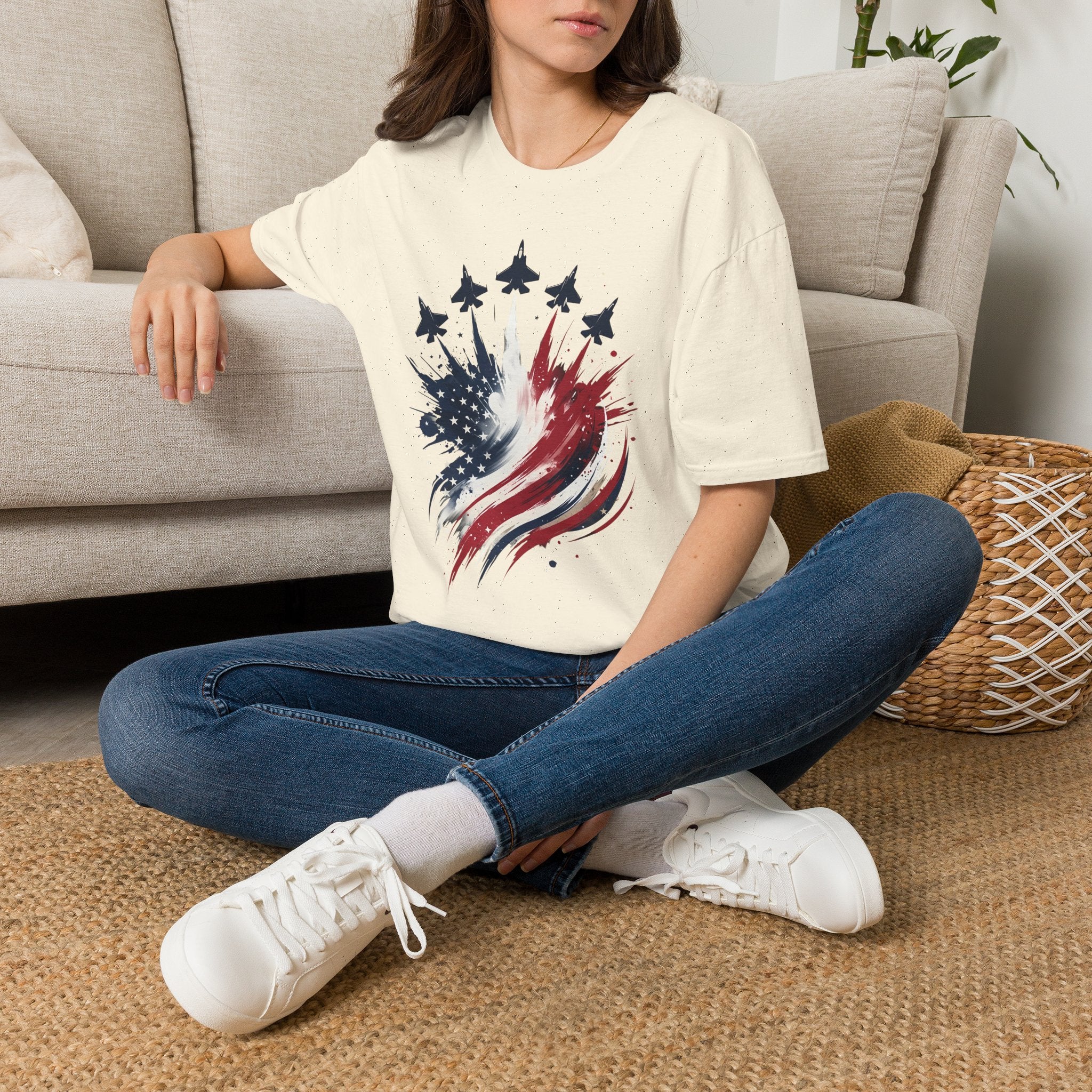 T-Shirt — Patriotic Jet Flyover with American Flag Splash